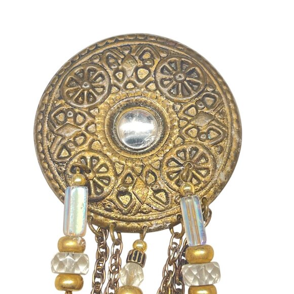 Vintage Ornate Brass Brooch With Chain & Bead Dangles - Picture 7 of 7